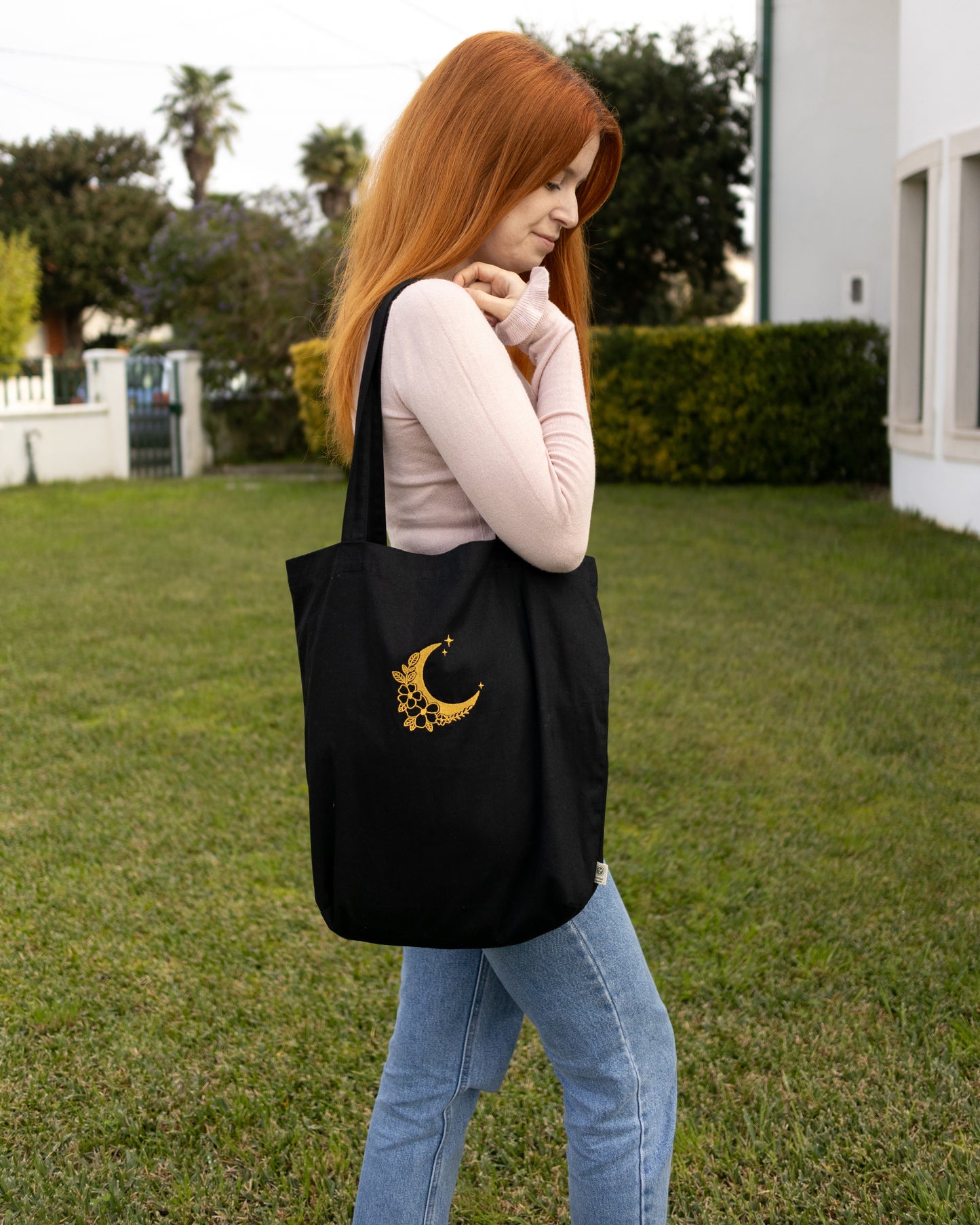 Moon and Flowers Embroidered Tote Bag