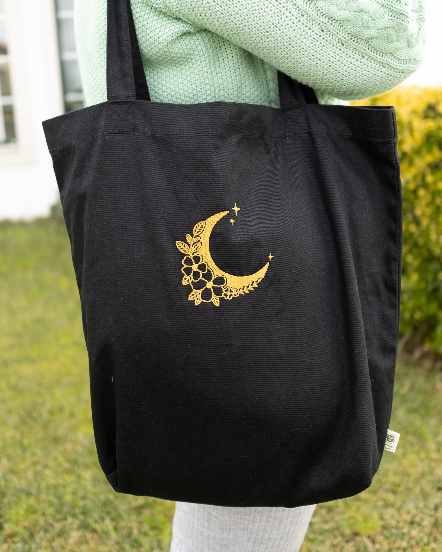 Moon and Flowers Embroidered Tote Bag
