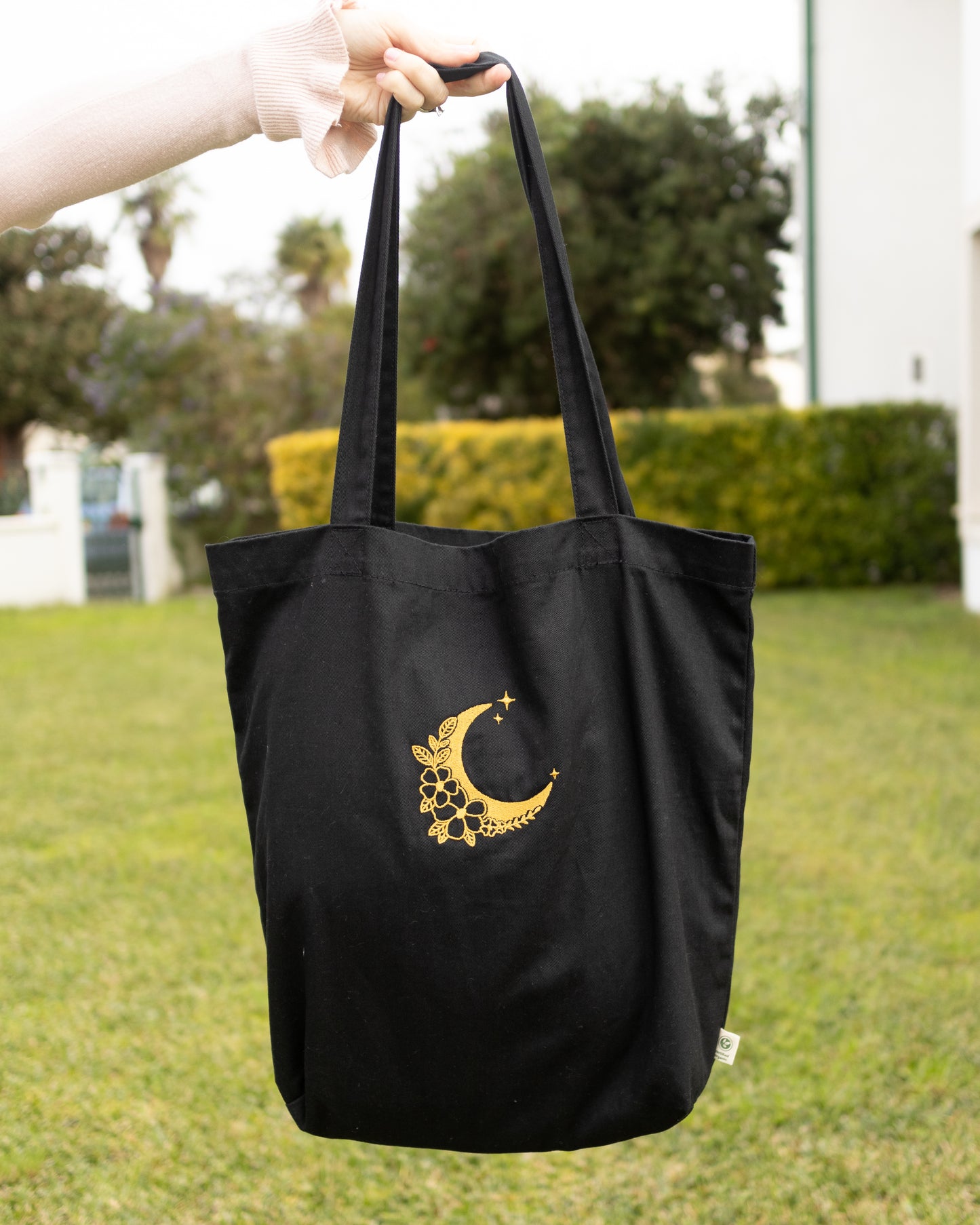 Moon and Flowers Embroidered Tote Bag